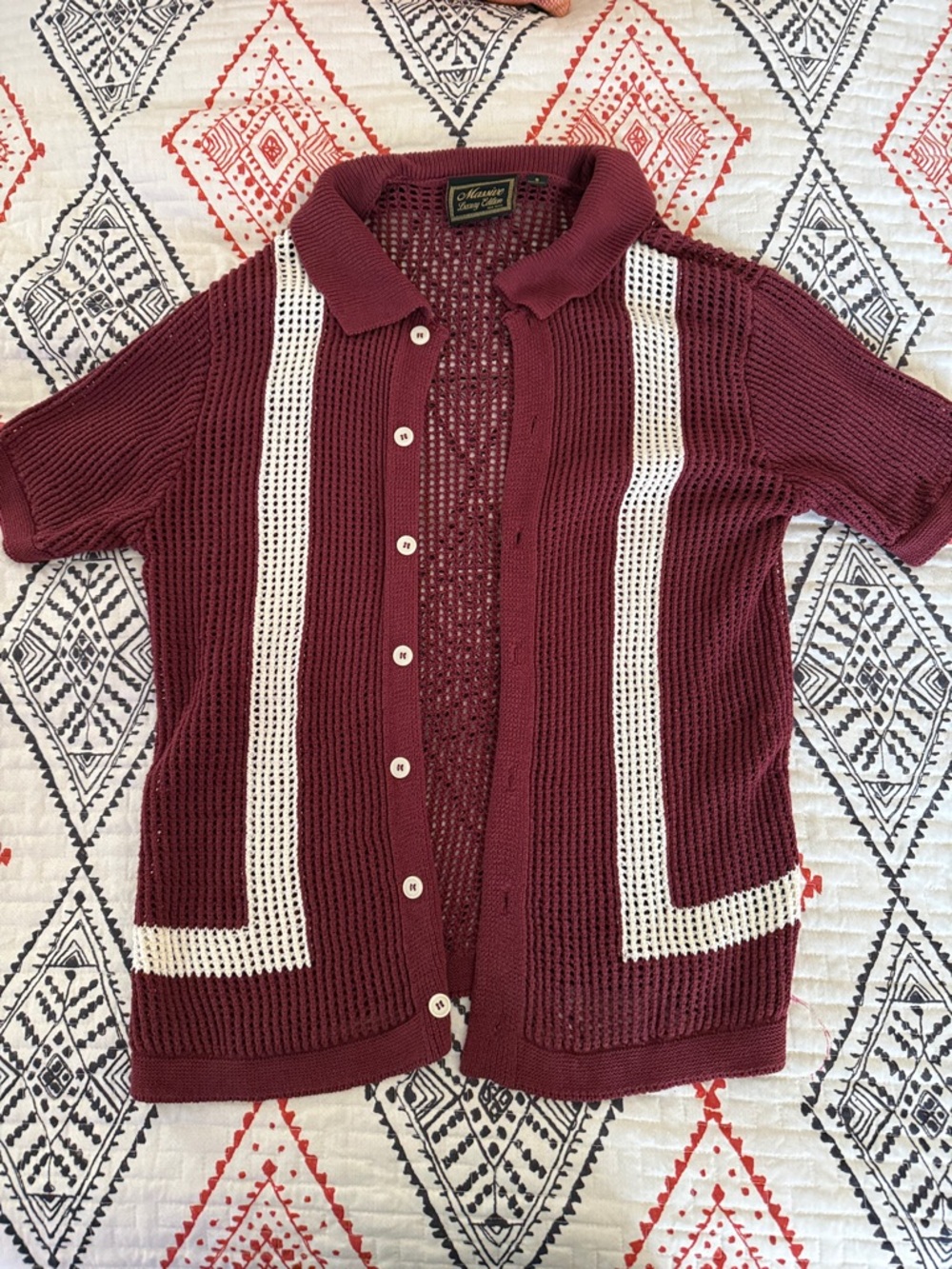 Men's Maroon Short-Sleeve Button-Down Knit Shirt with White Trim